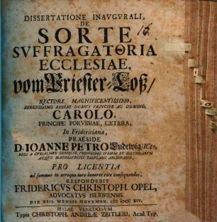 Dissertatione Inavgvrali, De Sorte Svffragatoria Ecclesiae, vom Priester-Loß