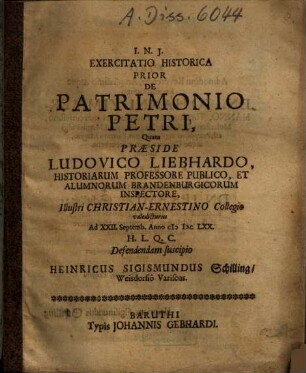 Exercitatio Historica Prior De Patrimonio Petri