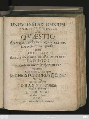 Unum Instar Omnium Analytice Diductum Sive Quaestio An & quomodo ex singulari universale recte probari possit?