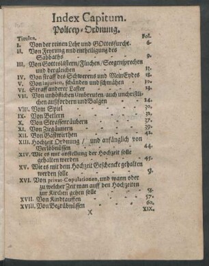 Index Capitum. Policey-Ordnung.