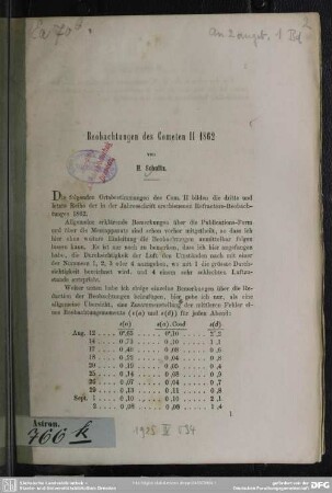 Beobachtungen des Cometen II 1862