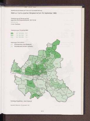 Veränderung der Stimmenanteile 1993 gegenüber der Bürgerschaftswahl 1991 für die GRÜNE/GAL in den Stadtteilen