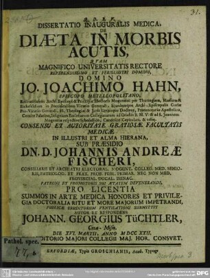 Dissertatio Inauguralis Medica, De Diaeta In Morbis Acutis