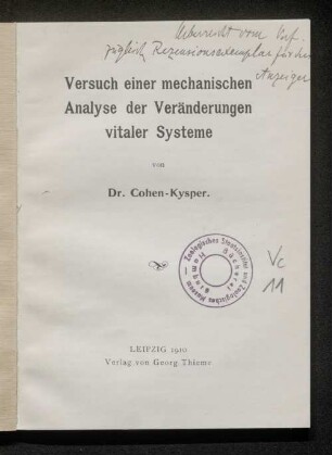Versuch einer mechanischen Analyse der Veränderungen vitaler Systeme