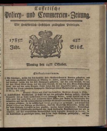 43tes Stueck, Montag den 24ten Oktober. 1785