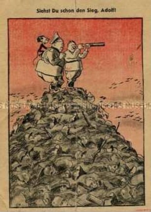 Illustriertes sowjetisches Abwurf-Flugblatt mit einer Karikatur auf Hitler und Göring und dem Aufruf zur Kapitulation