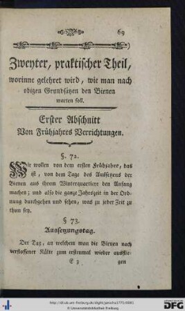 Zweyter, praktischer Theil, worinne gelehret wird, wie man nach obigen Grundsätzen den Bienen warten soll.
