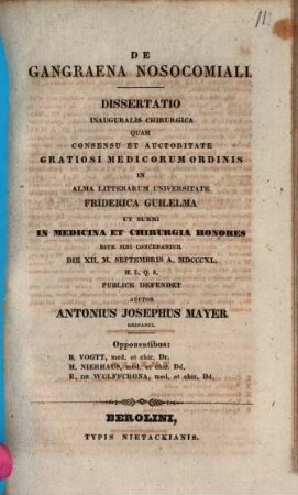 De gangraena nosocomiali : dissertatio inauguralis chirurgica
