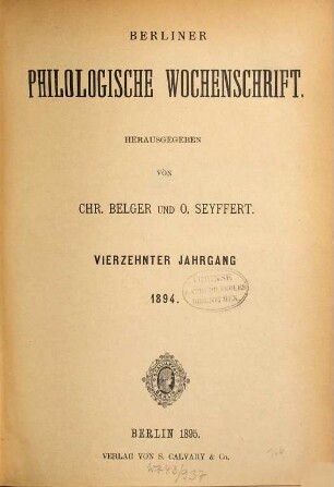 Berliner philologische Wochenschrift, 14. 1894 (1895)