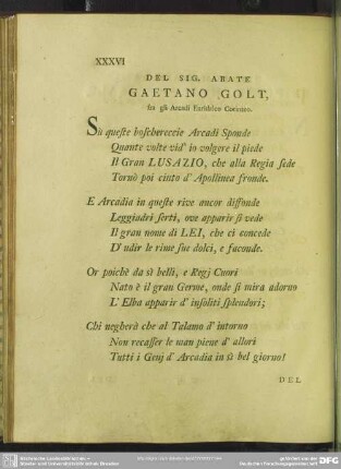 Del Sig. Abate Gaetano Golt, fra gli Arcadi Euridalco Corinteo