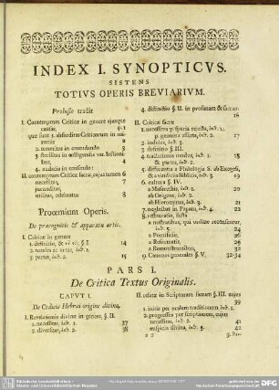 Index I. Synopticus. Sistens Totius Operis Breviarum