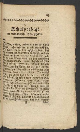 V. Schulpredigt am Michaelisfeste 1781. gehalten