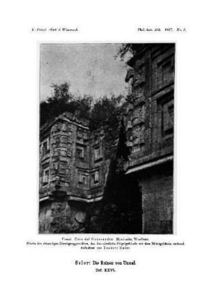 Taf. XXVI. : Uxmal. Casa del Gobernador. Hinterseite, Westfront. nische des ehemaligen Durchganggewölbes, das das nördliche Flügelgebäude mit dem Mittelgebäude verband. Aufnahme von Teobert Maler.