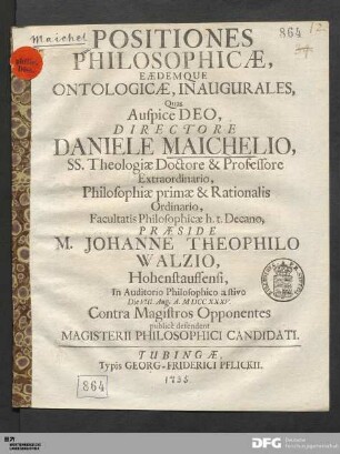 Positiones Philosophicæ Eædemque Ontologicæ, Inaugurales