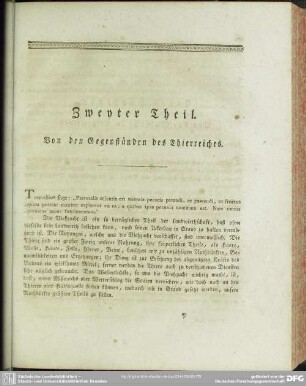 Zweyter Theil. Von den Gegenständen des Thierreiches
