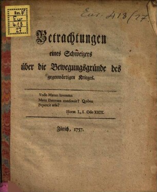 Betrachtungen eines Schweizers über die Bewegungsgründe des gegenwärtigen Krieges