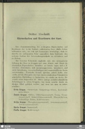 Dritter Abschnitt. Eigenschaften und Reactionen der Gase