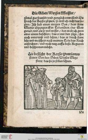Hie befilcht der Keyser Pontianus seinen Son den Siben Weysen Meystern das sie in sollen lehren