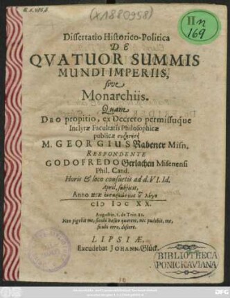 Dissertatio Historico-Politica De Quatuor Summis Mundi Imperiis, sive Monarchiis