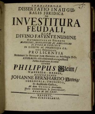 Dissertatio Inauguralis Iuridica De Investitura Feudali