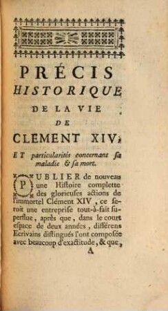 Précis historique de la vie du Pape Clement. XIV