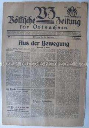 Regionale völkisch-nationalistische Wochenzeitung "VZ" u.a. zum Rücktritt Hitlers während seiner Haftzeit