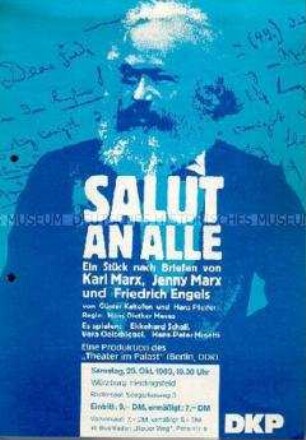 Programmblatt der DKP Würzburg zu einem Theaterstück über Marx und Engels mit Schauspielern aus der DDR