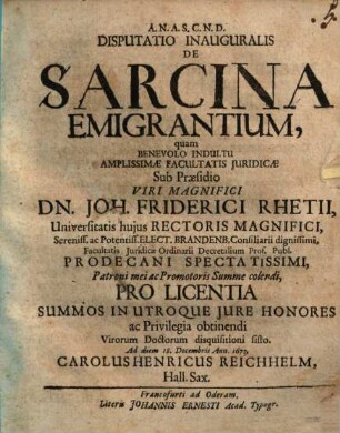 Disp. inaug. de sarcina emigrantium