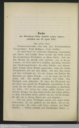 Rede des Direktors beim Antritt seines Amtes, gehalten am 18. April 1887