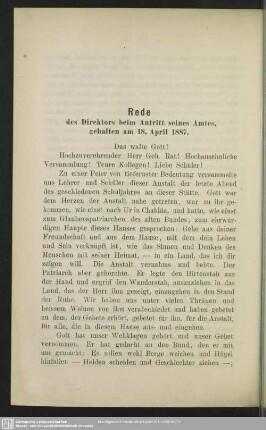 Rede des Direktors beim Antritt seines Amtes, gehalten am 18. April 1887
