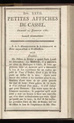 No XXVII (Samedi 15 Janvier 1785)