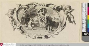 [Ornamentstich mit biblischer Szene und zwei Putti]