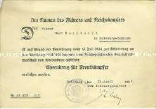 Begleitschreiben zur Verleihung des Ehrenkreuzes für Frontkämpfer