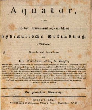 Aquator eine höchst gemeinnützige wichtige hydraulische Erfindung