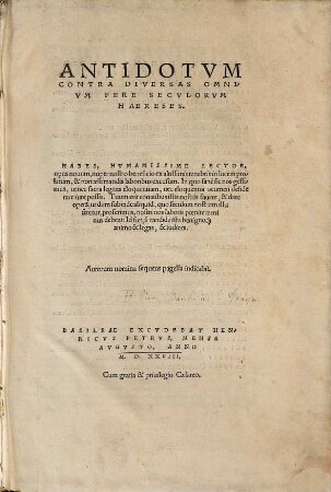 Antidotvm Contra Diversas Omnivm Fere Secvlorvm Haereses