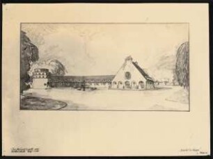 Südfriedhof, Saarbrücken: Perspektivische Ansicht Hauskapelle mit Leichenhalle 1:200