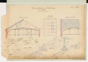Eisenkonstruktion zur Überdeckung eines Saales Monatskonkurrenz Mai 1867: Grundriss, 2 Querschnitte, zahlreiche Konstruktionsdetails