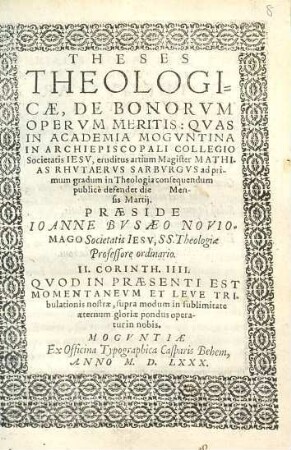 Theses Theologicae, De Bonorvm Opervm Meritis