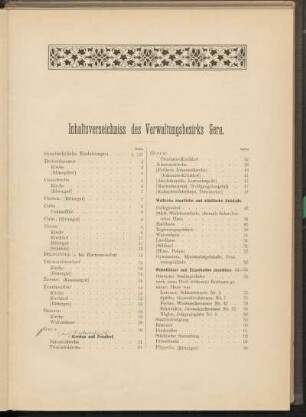 Inhaltsverzeichniss des Verwaltungsbezirks Gera.