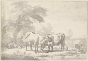 Zwei Kühe und einige Schafe, die Hirtin sitzt mit einem Kind unter einem Baum