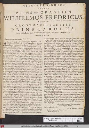 Nieujaers-Brief Van Den Prins van Orangien Wilhelmus Fredricus, aen Den Grootmachtighsten Prins Carolus, By der gratie Godts Koninck van Groot-Brittangien, Beschermer des Geloofs, &c. : Overgeset uyt het Latijn