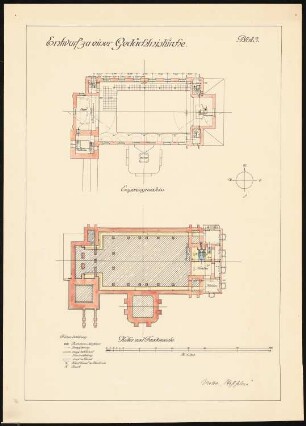 Gedächtniskirche mit Gedenkhalle Schinkelwettbewerb 1920: Grundrisse Emporen und Keller/Fundamente 1:200
