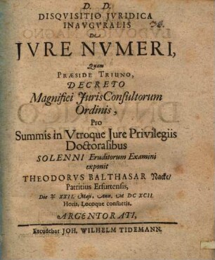 Disquisitio jvridica inavgvralis de jvre nvmeri