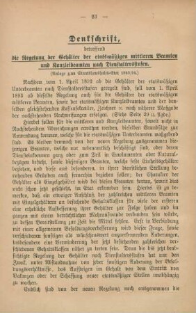 Denkschrift, betreffend die Regelung der Gehälter der etatsmäßigen mittleren Beamten und Kanzleibeamten nach Dienstaltersstufen