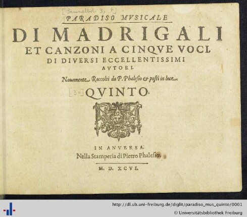 Quinto: Paradiso musicale di madrigali et canzoni a cinque voci di diversi eccellentissimi autori