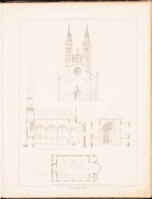 Evangelische Kirche mit 1300 Sitzen: Ansicht, Längsschnitt, Querschnitt, Grundriss (aus: Entwürfe zu Kirchen, Pfarr- und Schulhäusern, hrsg. von der Kgl. Preuß. Oberbaudeputation, 1845-1855)