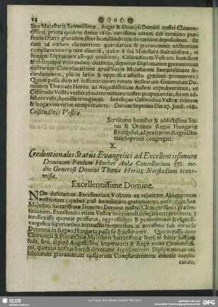 X. Credentiales Status Evangelici ad Dominum Baronem Hocher, Aulae Cancellarium 27. Iunii 1681