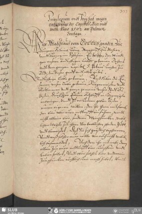 Privilegium vndt Freyheit wegen einführunge des Capittels Bier vndt wein, Anno 1502 am Palmen Sontage