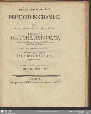 Dissertatio Gradulais De Primordiis Chemiae