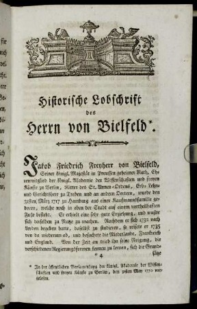 Historische Lobschrift des Herrn von Bielfeld